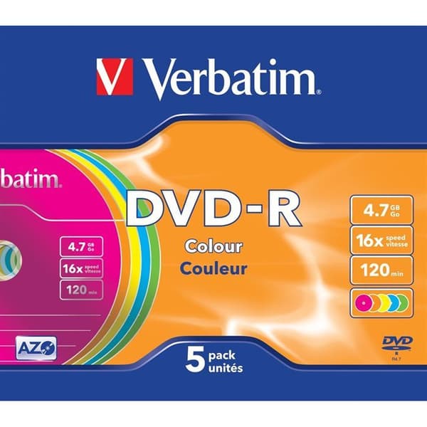 Verbatim DVD-R 16x - Paket med 5 - Tunt fodral - 4,7 GB - Färg