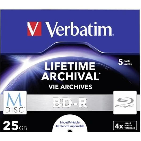 M-Disc BD-R - Verbatim - 25 GB - 4x Speed - 5 skivor - Utskrivbar yta