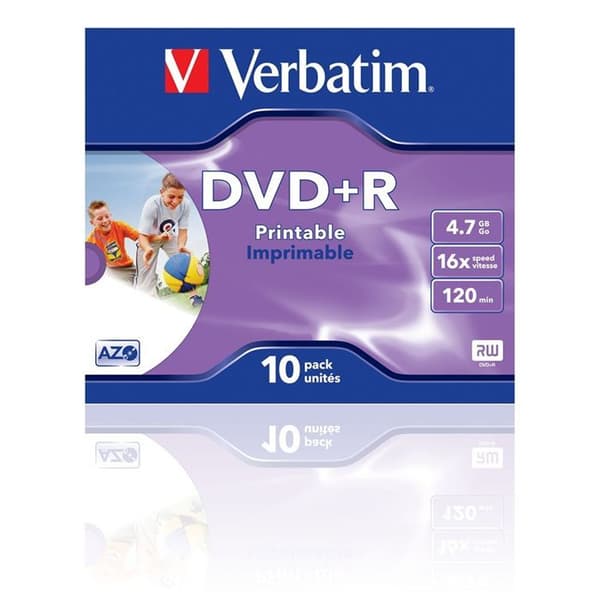 Utskrivbar DVD+R 16X - VERBATIM - Paket med 10 - 4,7 GB - Kristallfodral