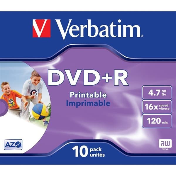 Utskrivbar DVD+R 16X - VERBATIM - Paket med 10 - 4,7 GB - Kristallfodral