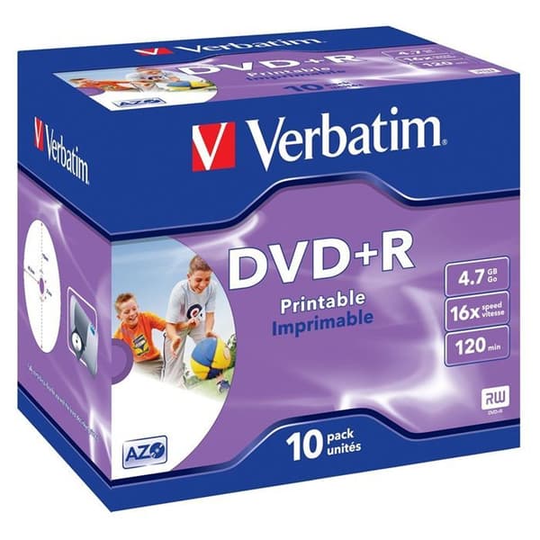 Utskrivbar DVD+R 16X - VERBATIM - Paket med 10 - 4,7 GB - Kristallfodral
