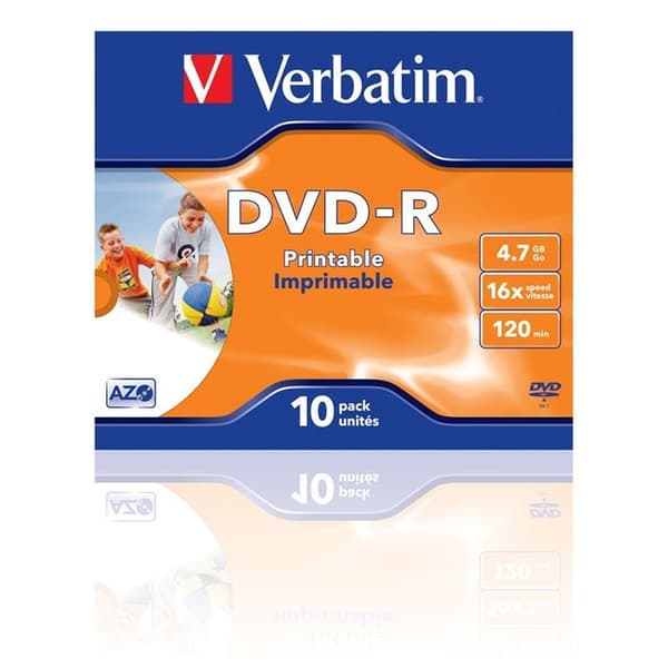 Utskrivbar DVD-R 16X Verbatim - Paket med 10 - Kristallfodral - 4,7 GB - 120 minuter