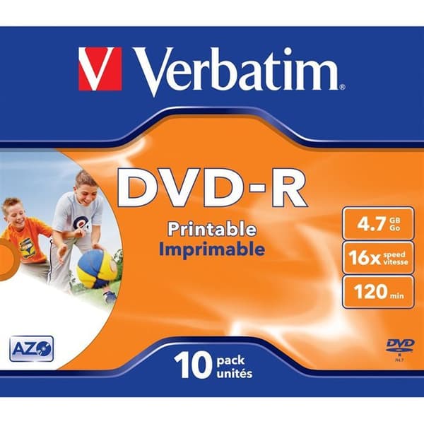 Utskrivbar DVD-R 16X Verbatim - Paket med 10 - Kristallfodral - 4,7 GB - 120 minuter