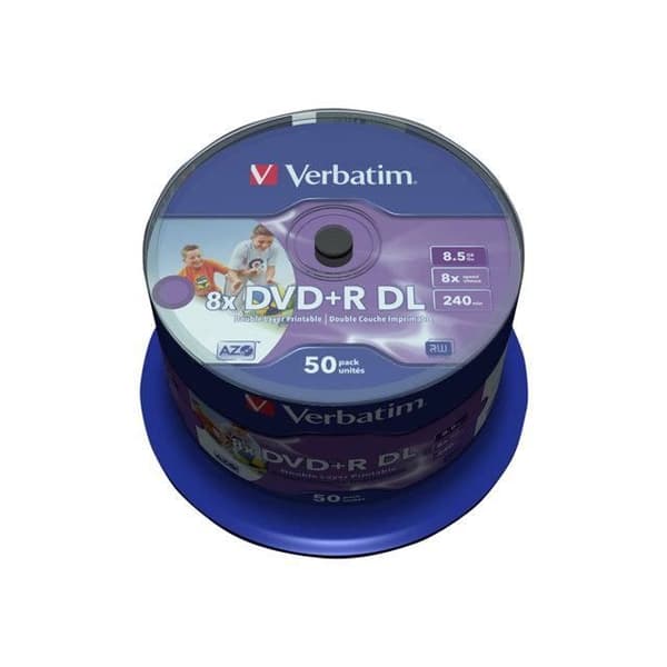 Lot om 50 DVDR 8x Verbatim - Dubbelt lager - Utskrivbar Import Storbritannien