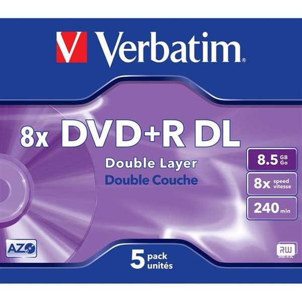 DVD+R dubbellager VERBATIM - 8x - 8,5 GB - 240 minuter - Paket med 5