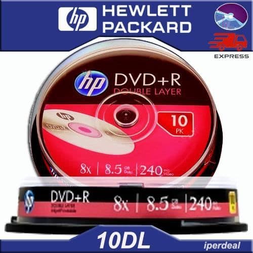 10 PZ DVD+R HP 8X 8,5GB 240 MIN. DUAL LAYER ( I CAKEBOX MED 10 BITAR ) DVD DL DOUBLE LAYER FÖR XBOX