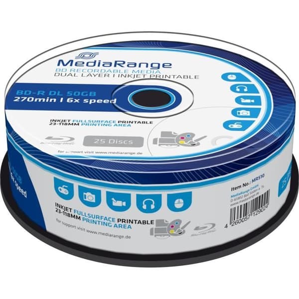 MediaRange Blu-ray-skivor MR510 tom skiva Blu-Ray BD-R DL 50 GB 25 st.