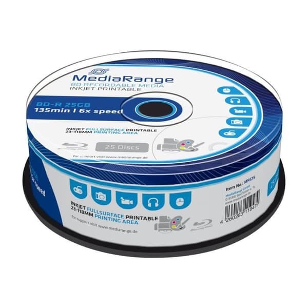25 x BD-R 25 GB 6x spindel bläckstråleskrivbar yta - MEDIARANGE