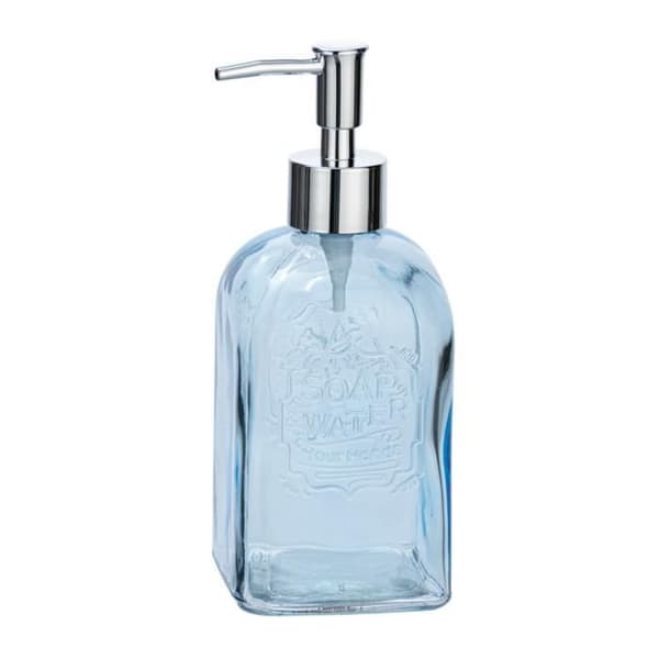 WENKO Vetro Dispenser för flytande tvål, tvålautomat i glas, kapacitet 500 ml, präglat glas, 7,5x19x7,5 cm, genomskinlig blå