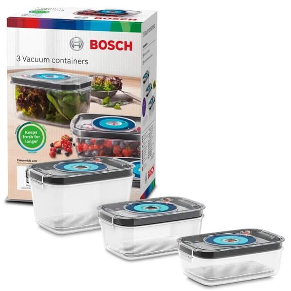 BOSCH - 3 lufttäta vakuumförvaringsboxar: 0,7L, 1,0L och 1,5L - Droppbricka - Dag och månad-indikator - Tritan