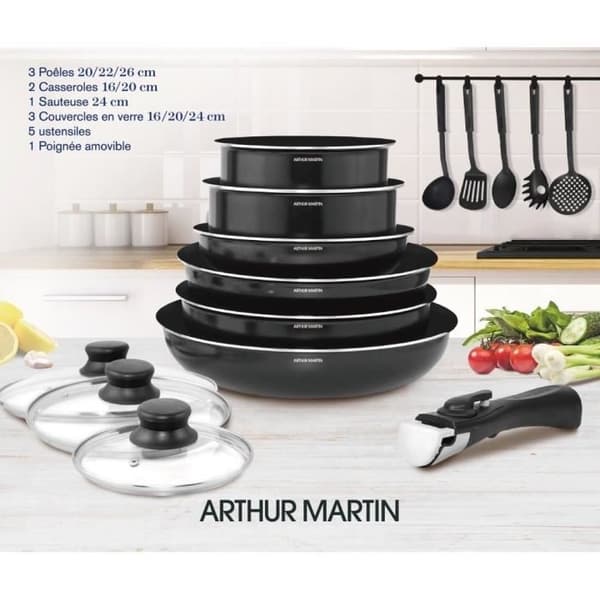 Arthur Martin avtagbart köksbatteri 15 rum 16-20-22-24-26 cm svart
