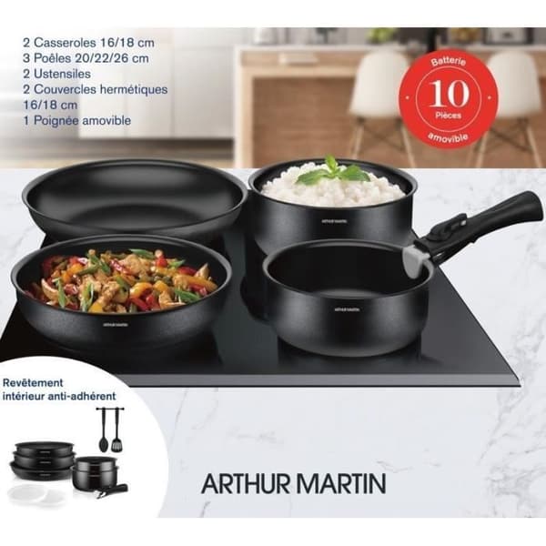 Matlagningsbatteri 10 rum Arthur Martin - Aluminium - Alla lampor utom induktion - Svart