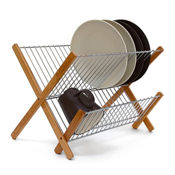 Relaxdays Diskställ CROSS Bambus metall hopfällbar Köksredskap Dekorationsaccessoar 27 x 38 x 29 cm, natur