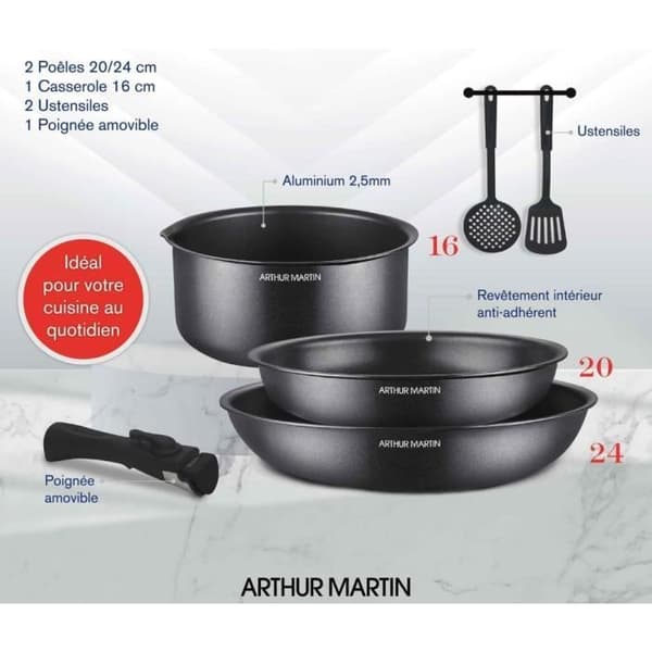 Köksredskap - Alla värmekällor inklusive induktion - Arthur Martin - AM9582 - Aluminium - Non-stick - 6 delar - Avtagbart handtag