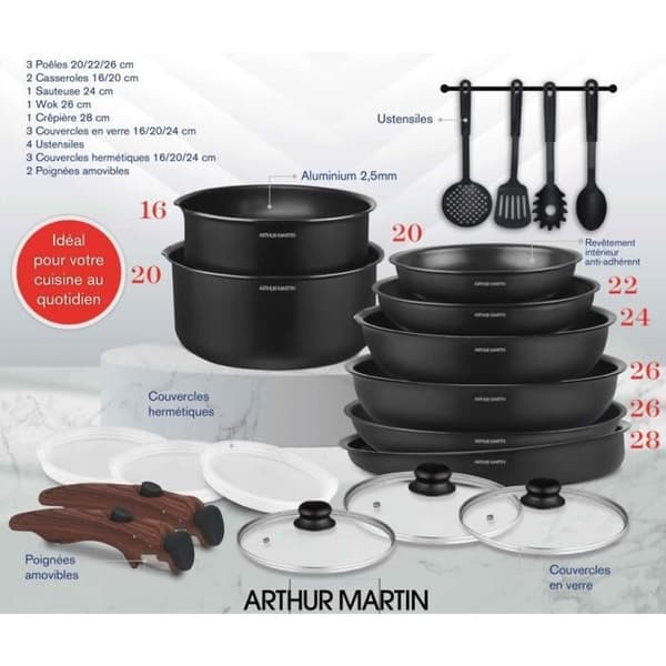 Kokkärl - Alla brännare inklusive induktion - Arthur Martin - AM0530 - Aluminium - Non-stick - 20 stycken - Avtagbart handtag