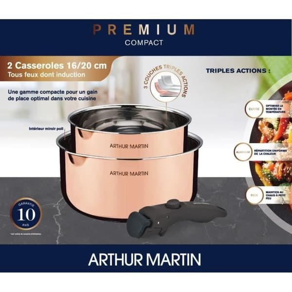 2 kastruller 16-20 cm + 1 handtag - ARTHUR MARTIN - AM720GT - 3 lager trippelverkan - Alla värmekällor inklusive induktion