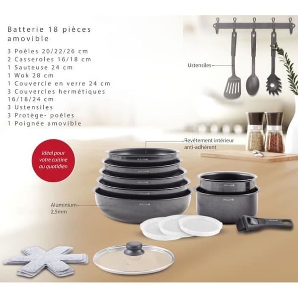 Köksredskap - Alla värmekällor inklusive induktion - KONST & KÖK - AC1824 - Aluminium - 18 delar - Non-stick - Avtagbart handtag