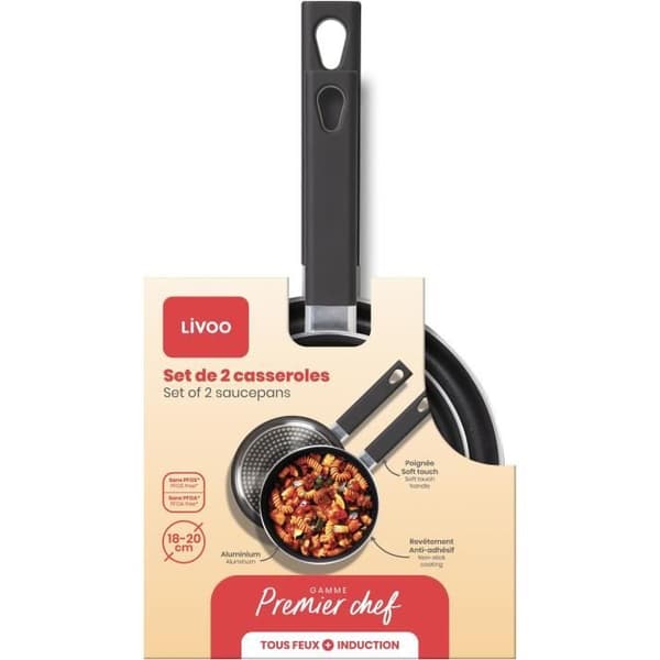 Set med 2 kastruller - LIVOO - MEP154N - Non-stick utan PFOA eller PFOS - Silikonhandtag - Alla hällar inklusive induktion
