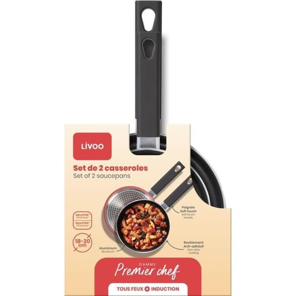 Set med 2 kastruller - LIVOO - MEP154R - Non-stick utan PFOA eller PFOS - Silikonhandtag - Alla hällar inklusive induktion