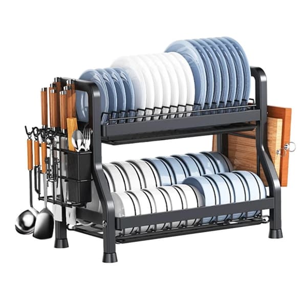 2-lags opvaskestativ, rustfrit design, effektiv dræningssystem,2-lags, Sort