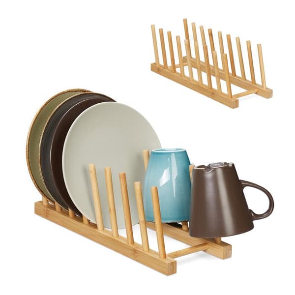 Relaxdays Diskställ, set av 2, rymmer 8 tallrikar eller lock vardera, bambu, natur