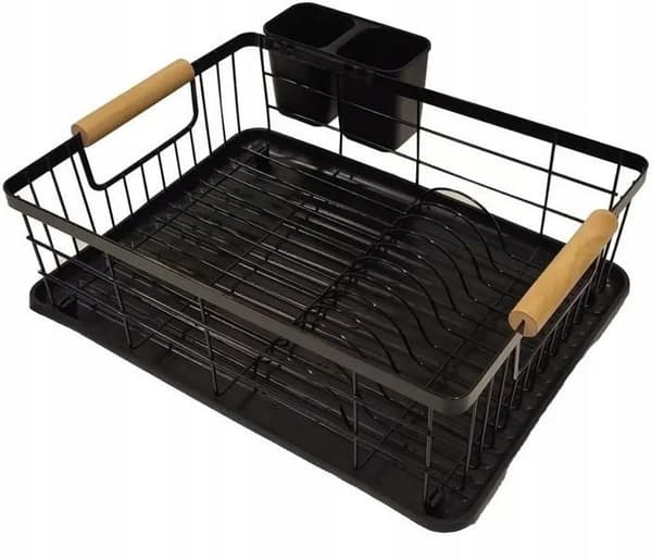 Diskställ, tallrikställ + besticklåda, svart metall, XL