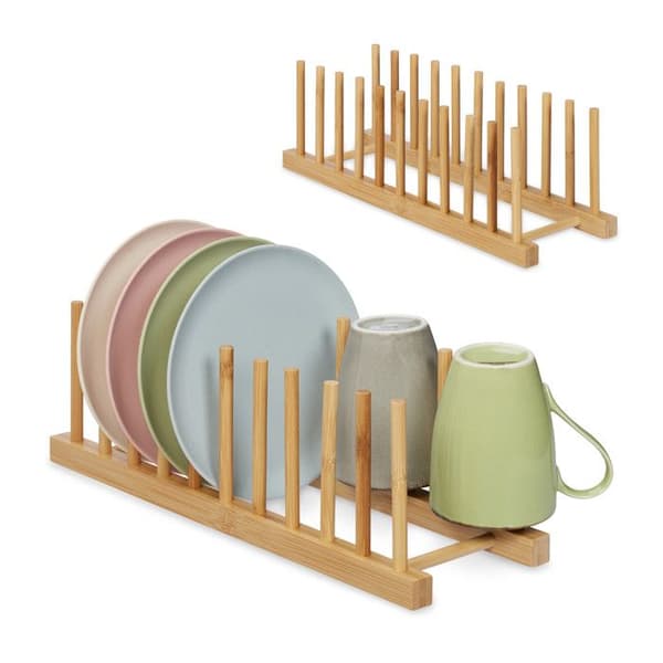 Relaxdays Diskställ för disken, i paket om 2, rymmer 10 tallrikar eller lock, vardera, bambu, natur