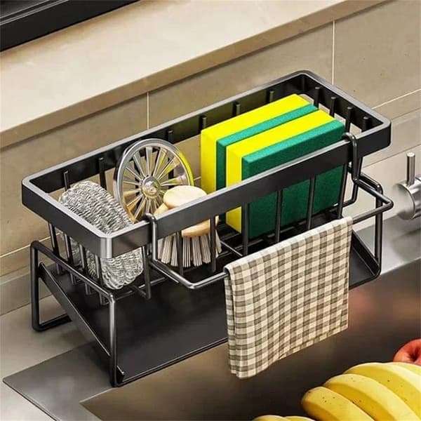 OBOSOE Sponge Dish Rack – Holder i rustfrit stål til opvaskebørste og svamp med aftagelig håndklædeholder Sort