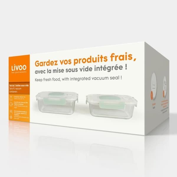 Set med 2 vakuumlådor - LIVOO - MEN404V - 1,04 L och 1,5 L - Borosciliatglas - Plastlock - Stapelbar