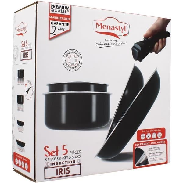 Kokkärlsset - Induktion - MENASTYL - 6020437 - Non-stick aluminium - 5 delar - Avtagbart handtag - Svart