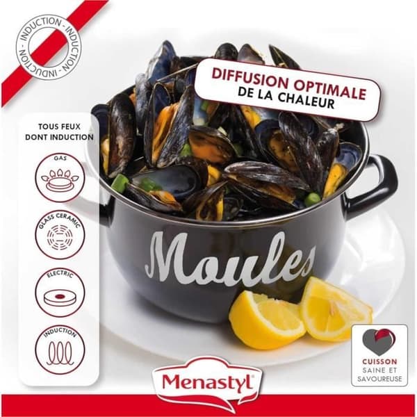 Musselgryta - MENASTYL - 3645563 - Emaljerat stål - Svart - 18 cm - Med text - Alla spishällar inklusive induktion