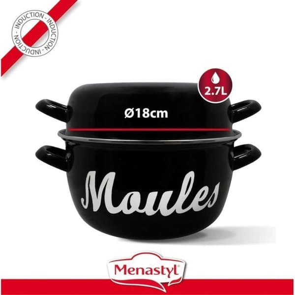 Musselgryta - MENASTYL - 3645563 - Emaljerat stål - Svart - 18 cm - Med text - Alla spishällar inklusive induktion