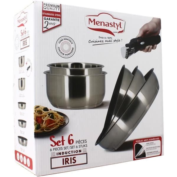 Kokkärlsset - Induktion - MENASTYL - 7930018 - Rostfritt stål - 6 delar - Avtagbart handtag - Grå