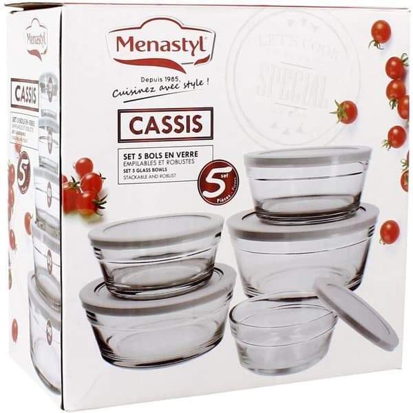 Set med 5 skålar - MENASTYL - 5039038 - 150 ml, 230 ml, 400 ml, 610 ml och 940 ml - Hållbara plastlock
