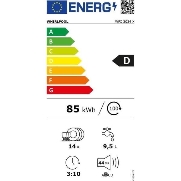 Diskmaskin - WHIRLPOOL - WFC3C34X - Fristående - Induktionsmotor - Vattenförbrukning per cykel: 9,5 L