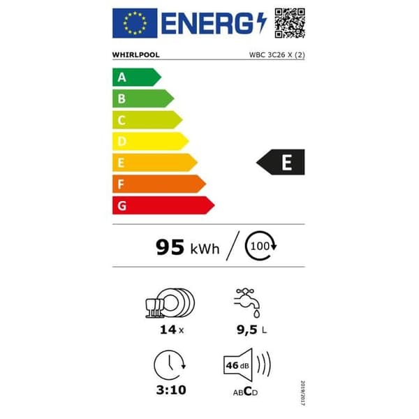 WHIRLPOOL WBC3C26X inbyggd diskmaskin - 14 kuvert - 6:e sinne - Rostfri panel