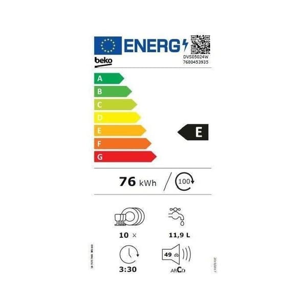 BEKO DVS05024W fristående diskmaskin - Standardmotor - 10 kuvert - L45cm - Vit - 49dB - Rostfri tank