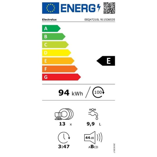 Inbyggd diskmaskin AEG EEQ47210L - Vattenförbrukning 9,9L - Ljudnivå 44 dB - Autoprogram 45-65°C