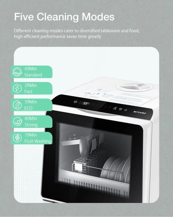 BlitzHome APP Mini Dubbel vatteninloppsdiskmaskin Bordsdiskmaskin Diskmaskin