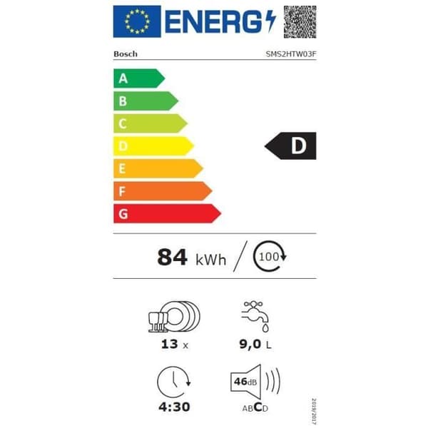 Diskmaskin 60 cm BOSCH SMS2HTW03F 13 kuvert 60,0cm 46db Vit