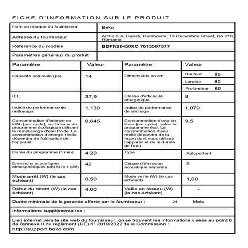 Diskmaskin - Beko - BDFN26450XC - 14 kuvert - 6 program - Selfdry-teknologi