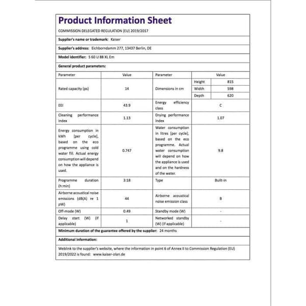 Kaiser Empire S60 U 88XL Em Inbyggd diskmaskin 60cm underbords diskmaskin