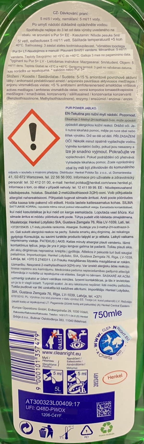 Pur opvaskemiddel æble 750ml