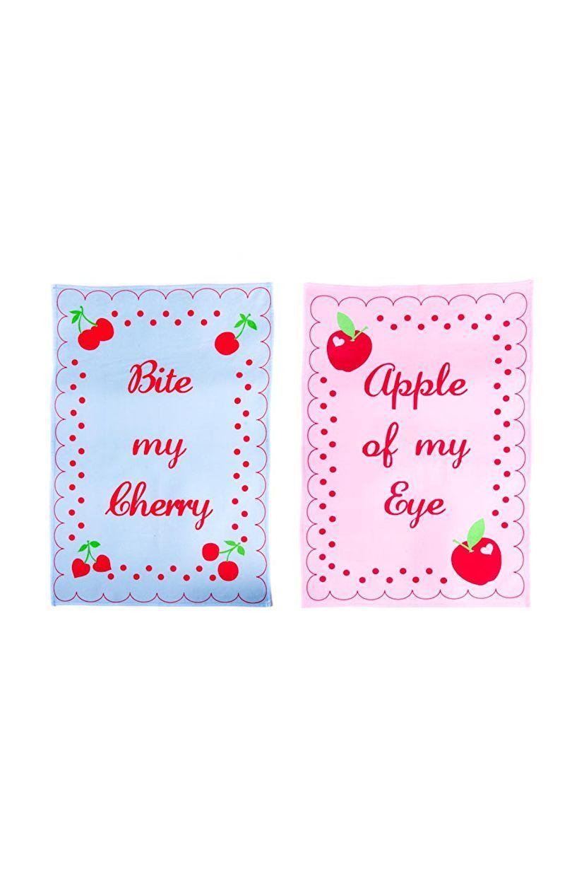 Apple og kirsebær køkken håndklæde 70x50 cm, blå og pink