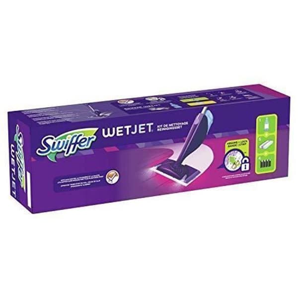 Swiffer WetJet spraymopp, komplett kit 1 spraymopp + 5 våtservetter + 1 flytande rengöringslösning + 4 batterier