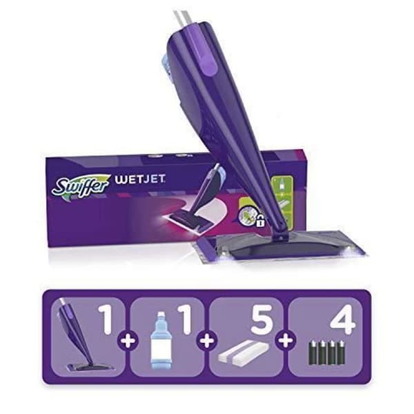 Swiffer WetJet spraymopp, komplett kit 1 spraymopp + 5 våtservetter + 1 flytande rengöringslösning + 4 batterier