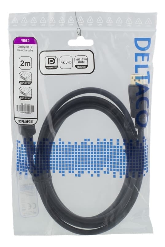 DELTACO DisplayPort-kabel, 2 m, 4K UHD, DP 1.2, svart