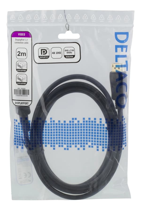 DELTACO DisplayPort-kabel, 2 m, 4K UHD, DP 1.2, svart