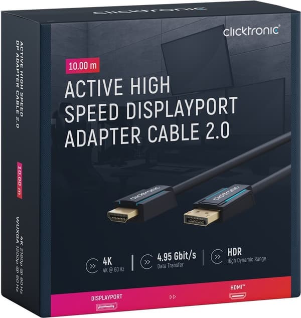ClickTronic Adapterkabel för aktiv DisplayPort™ till HDMI™ (4K/60Hz) Premiumkabel | 1x DisplayPort™-kontakt >> 1x HDMI™-kontakt | 10,0 m | 4K @ 60 Hz
