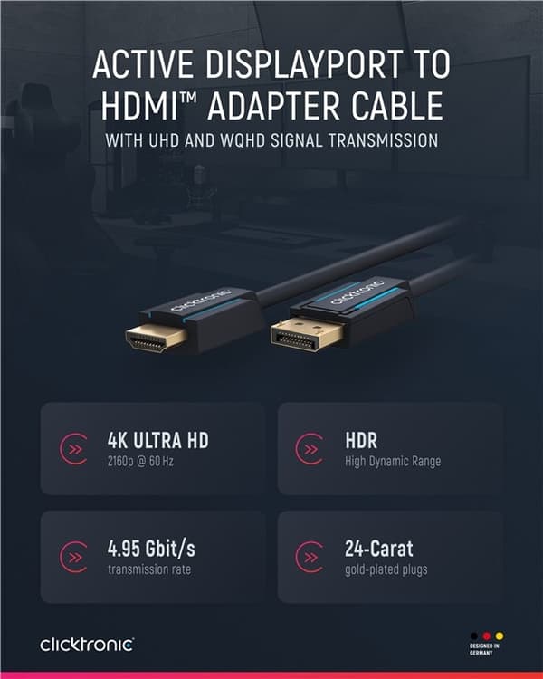 ClickTronic Adapterkabel för aktiv DisplayPort™ till HDMI™ (4K/60Hz) Premiumkabel | 1x DisplayPort™-kontakt >> 1x HDMI™-kontakt | 10,0 m | 4K @ 60 Hz